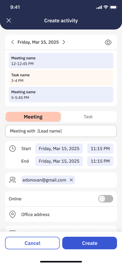 CLOSR Create activity screen for scheduling a meeting or task with a lead.