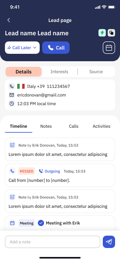 CLOSR Lead page with call actions, contact details and a live timeline of notes and calls.