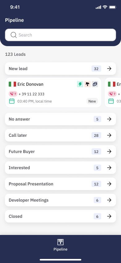 CLOSR Pipeline screen showing 123 leads grouped by stage.