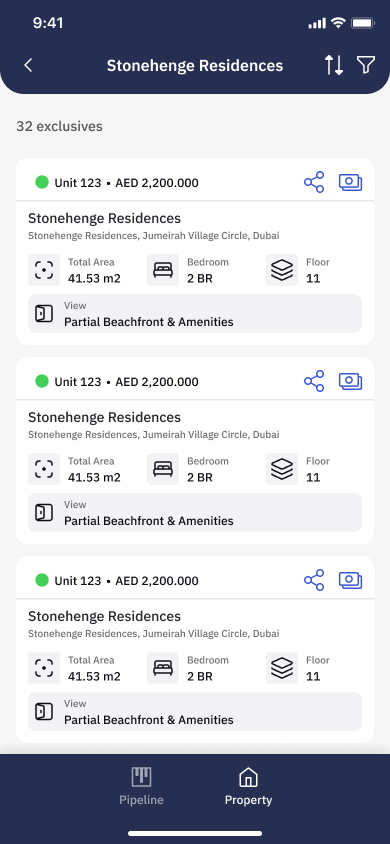 CLOSR Property screen showing live exclusives at Stonehenge Residences.
